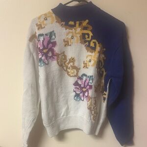 Russ Blue and White Floral Turtleneck Sweater